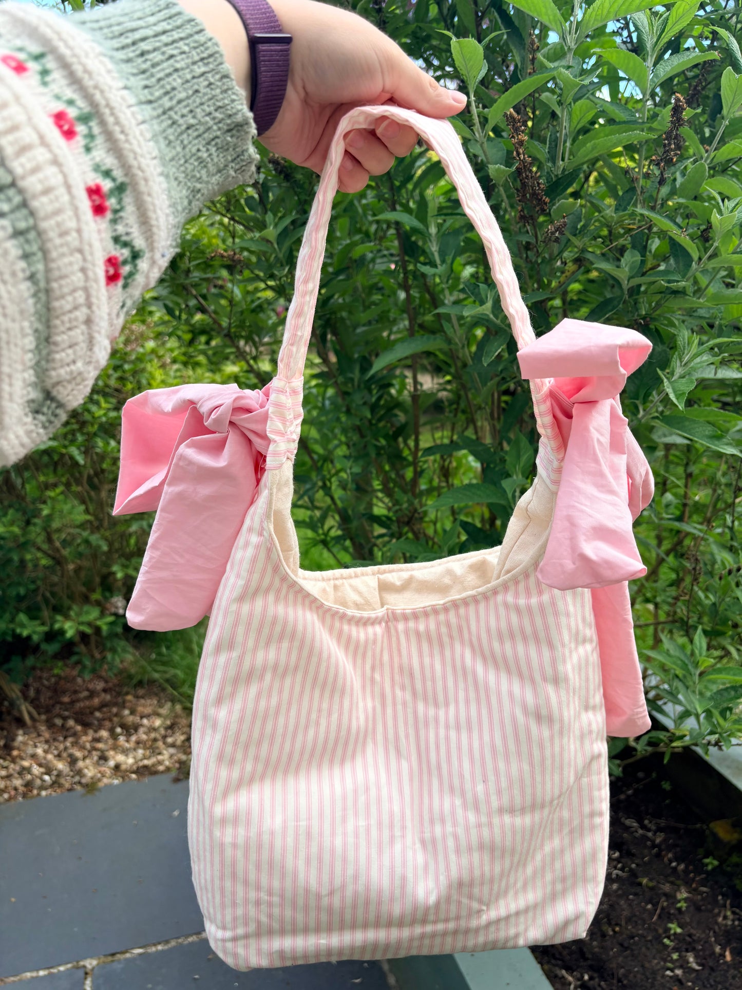 COMING SOON... Handmade white and pink stripe coquette padded tote bag with bows