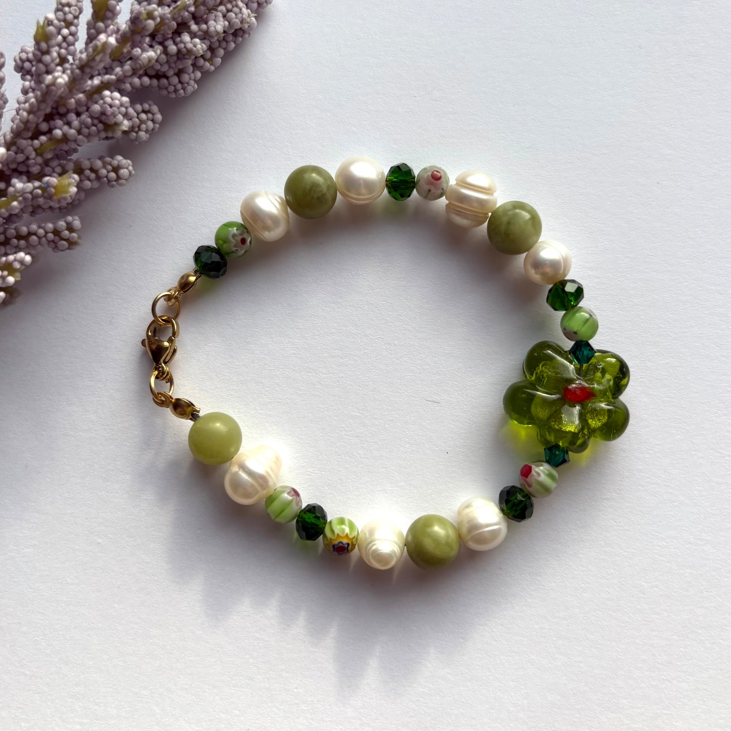 Pearl Meadow bracelet - green jade crystal and freshwater pearl flower