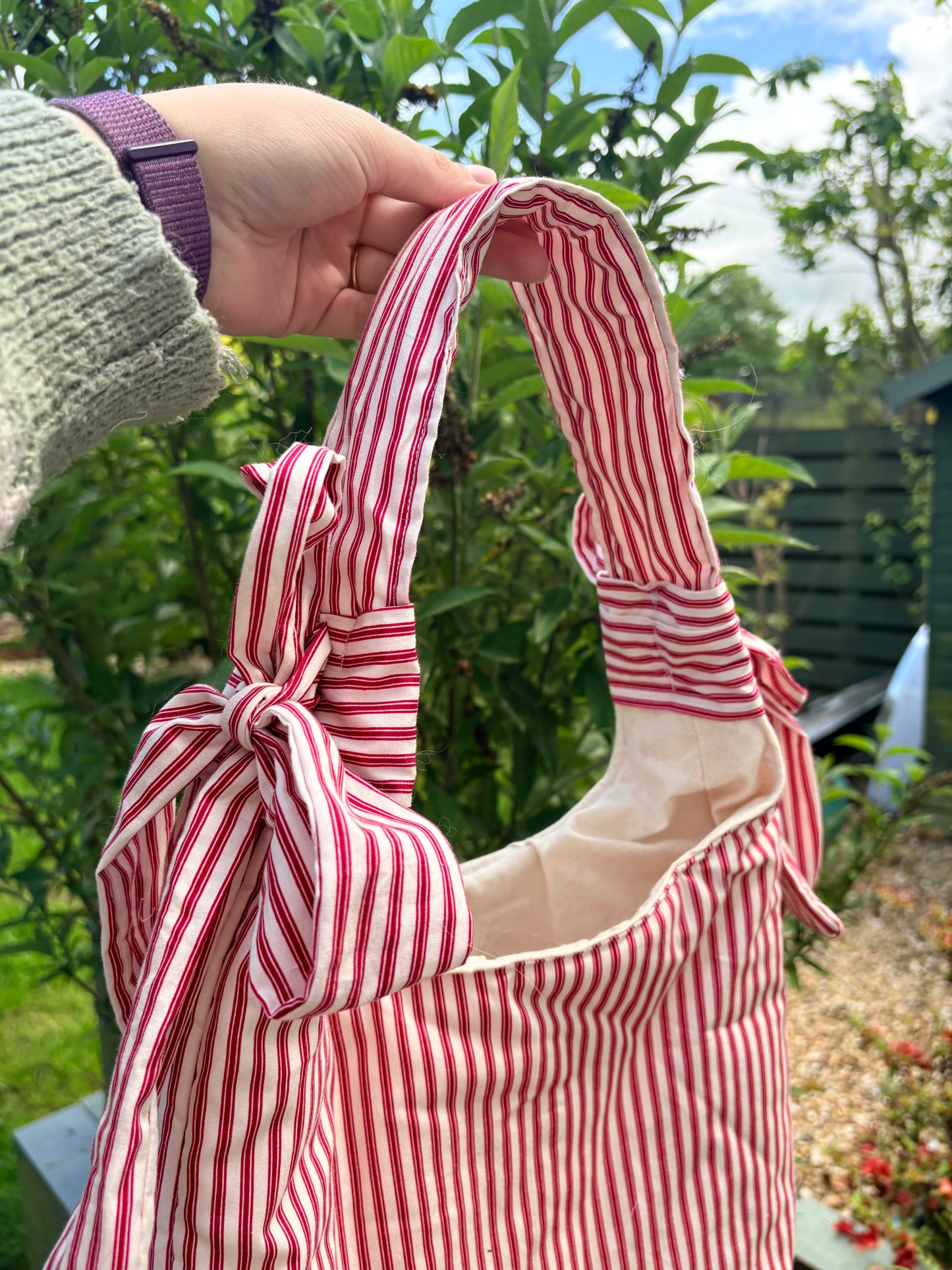 COMING SOON... Handmade white and red stripe coquette padded tote bag with bows