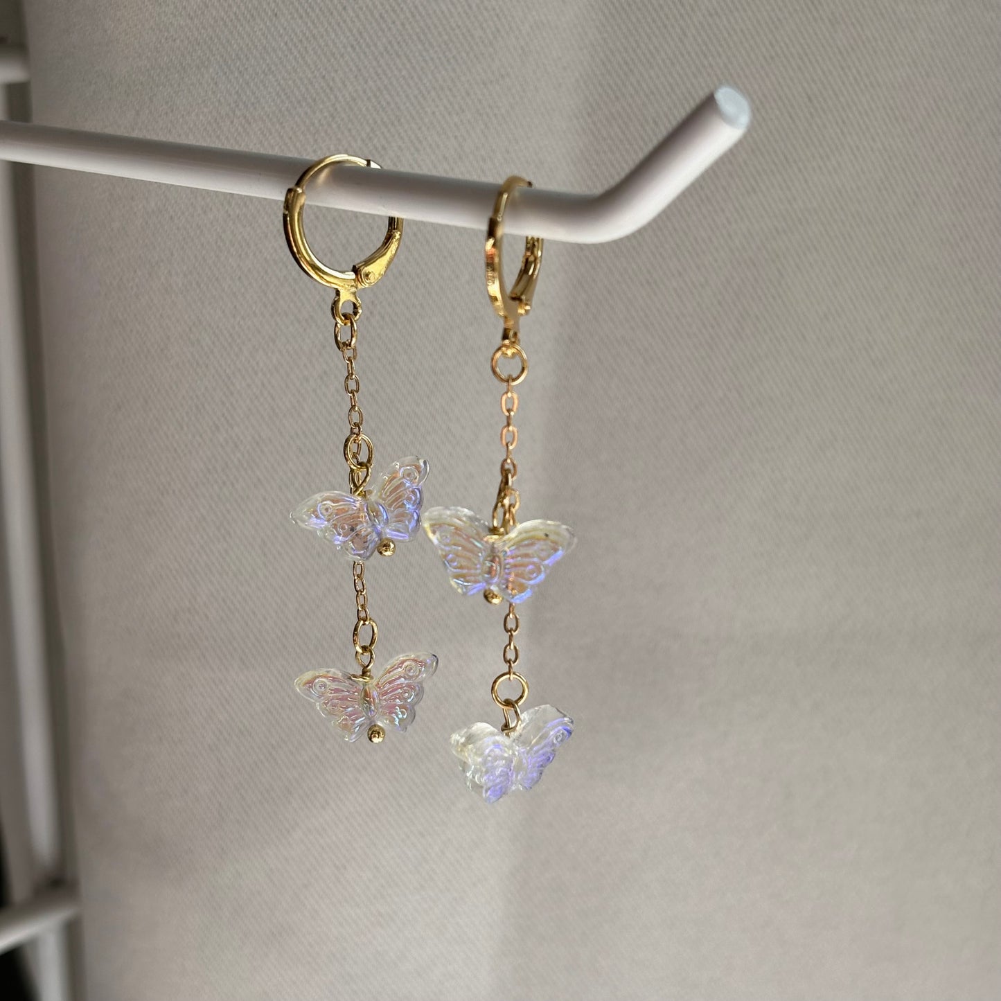 18k Gold plated chain huggie hoop earrings with clear iridescent butterflies