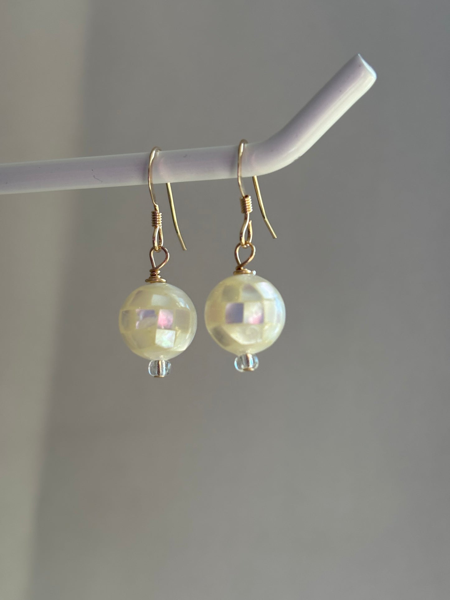 14k gold filled mother of pearl white "disco" earrings