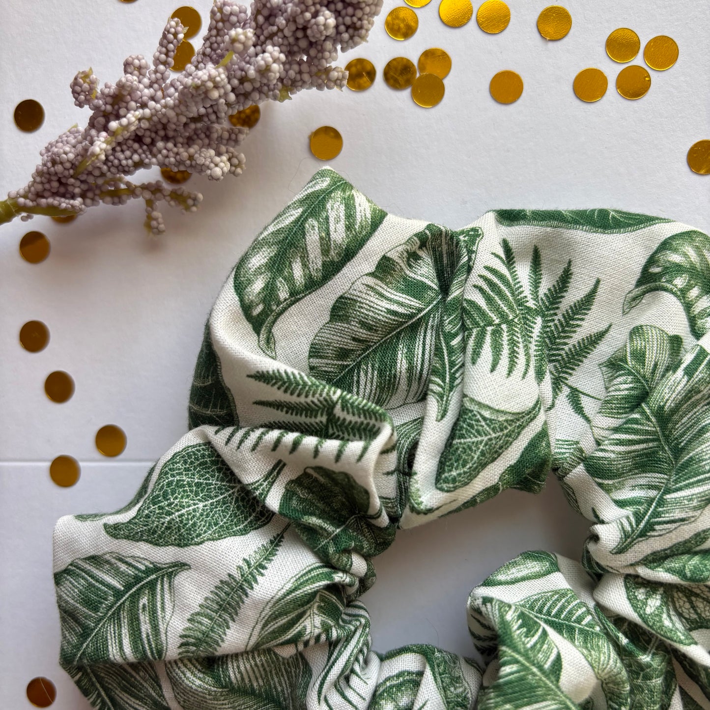 Green and white leaf scrunchie