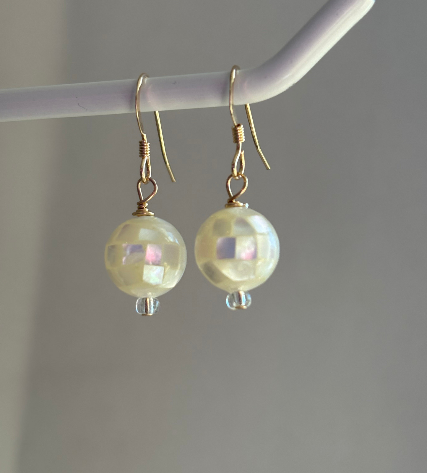 14k gold filled mother of pearl white "disco" earrings