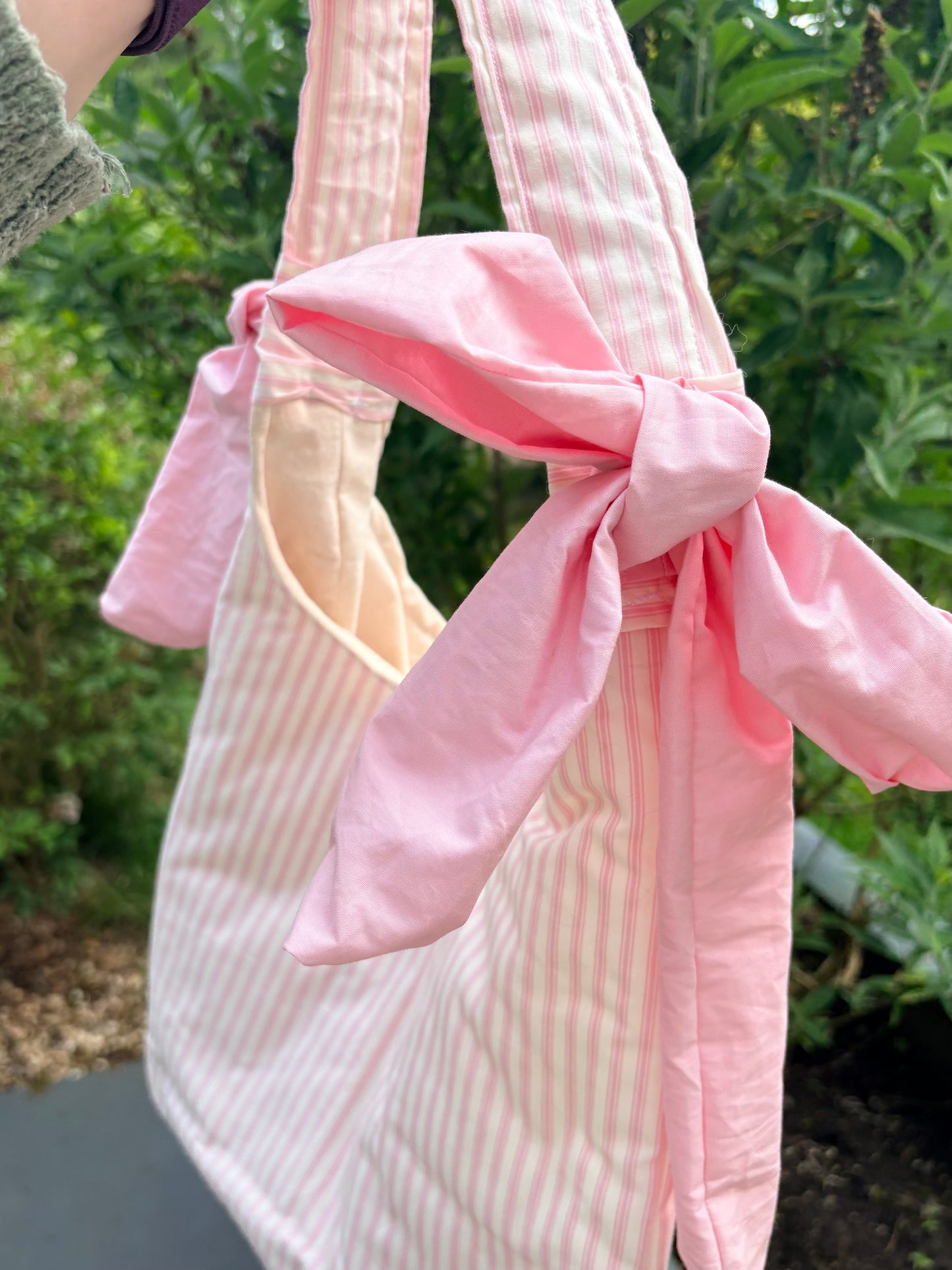 COMING SOON... Handmade white and pink stripe coquette padded tote bag with bows