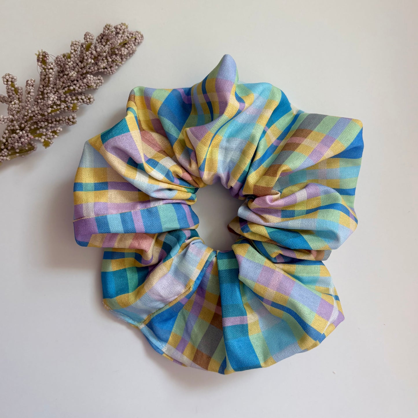 Cool gingham check blue, yellow and purple large hair scrunchie