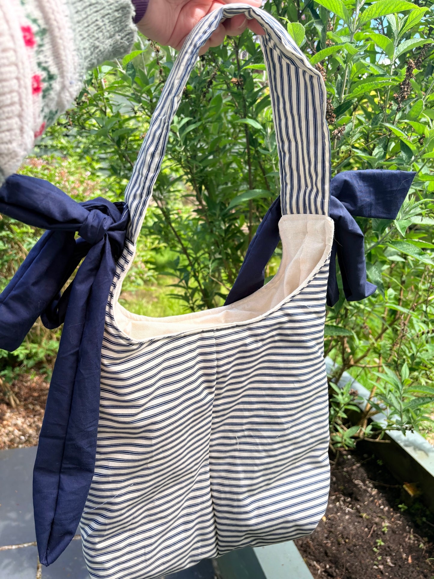 COMING SOON... Handmade white and navy blue stripe coquette padded tote bag with bows