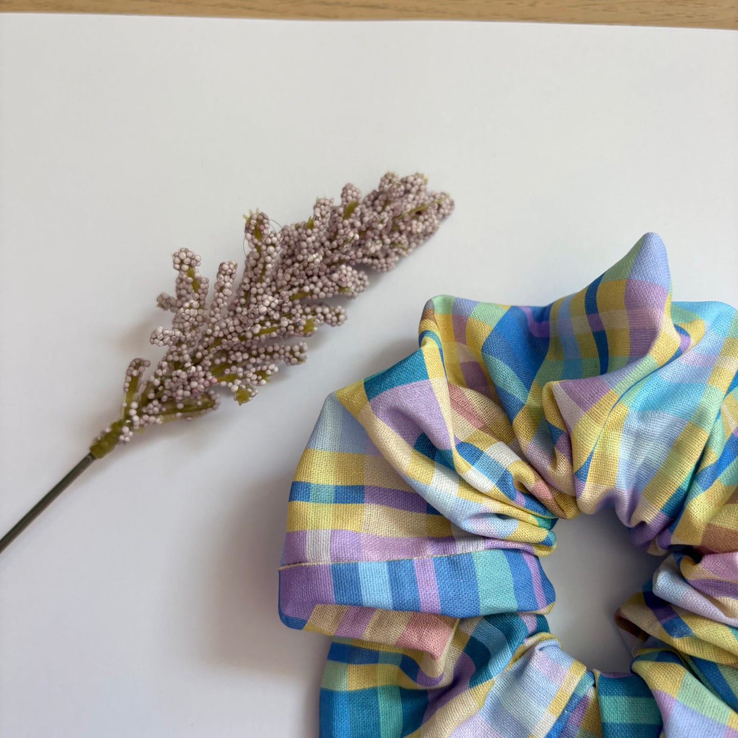 Cool gingham check blue, yellow and purple large hair scrunchie