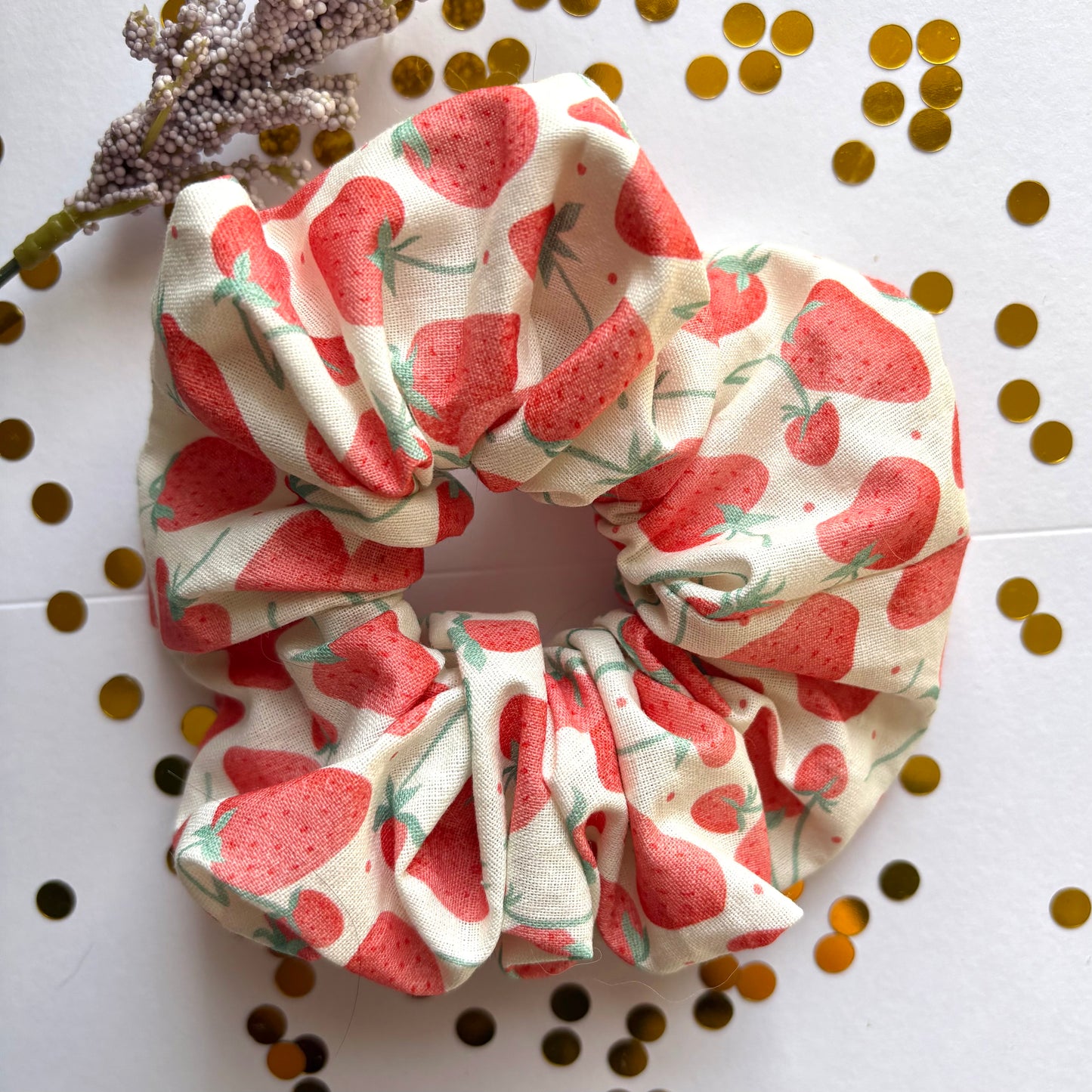 Handmade large white and red strawberry scrunchie