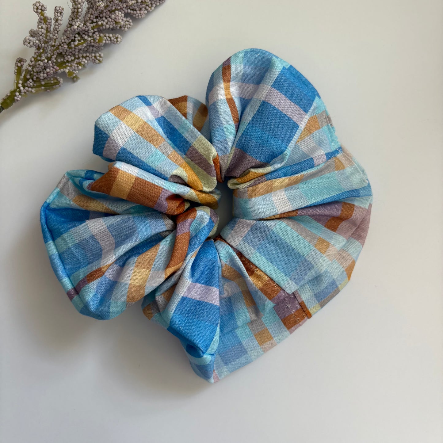 Cool gingham check blue and brown large hair scrunchie
