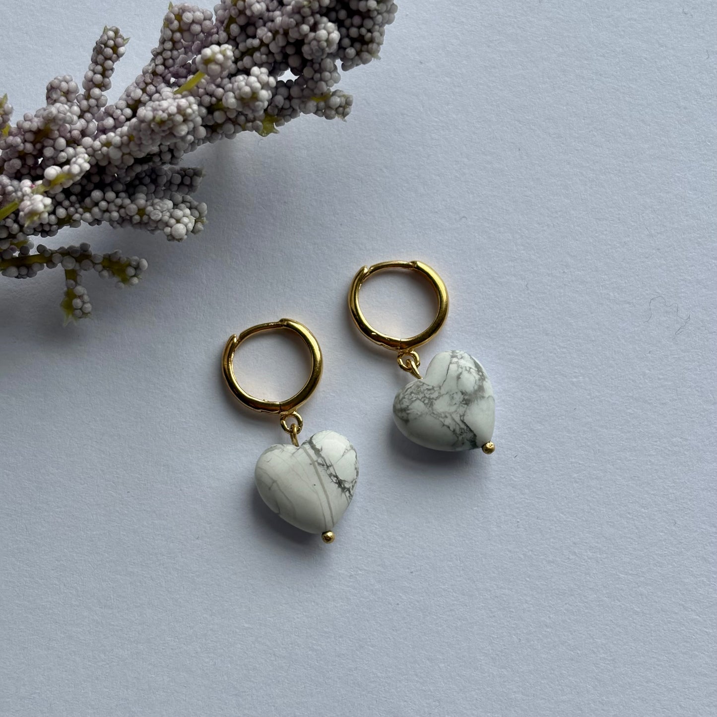 24k gold plated handmade heart crystal huggie hoop earrings with howlite or rose quartz crystals