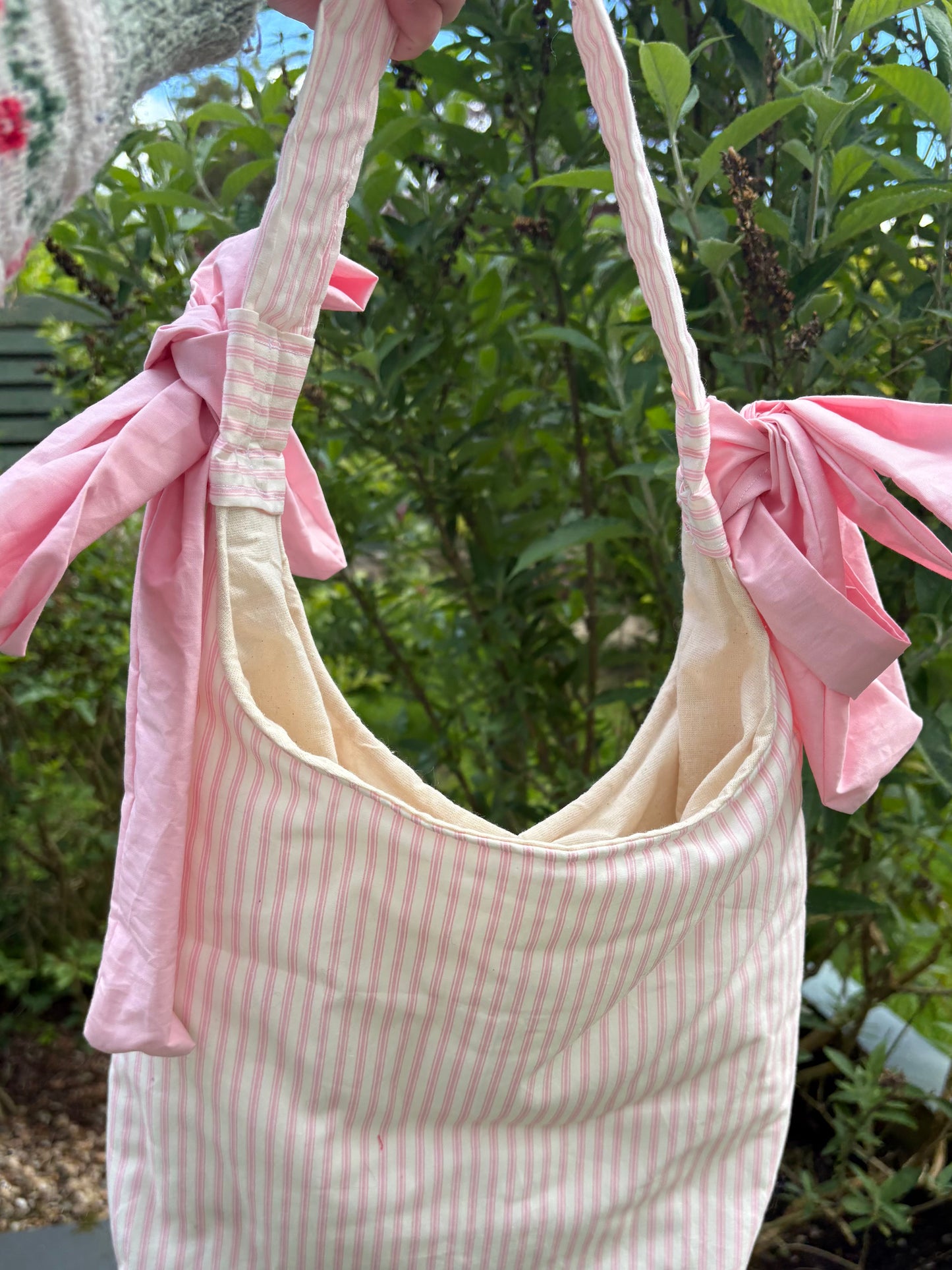 COMING SOON... Handmade white and pink stripe coquette padded tote bag with bows