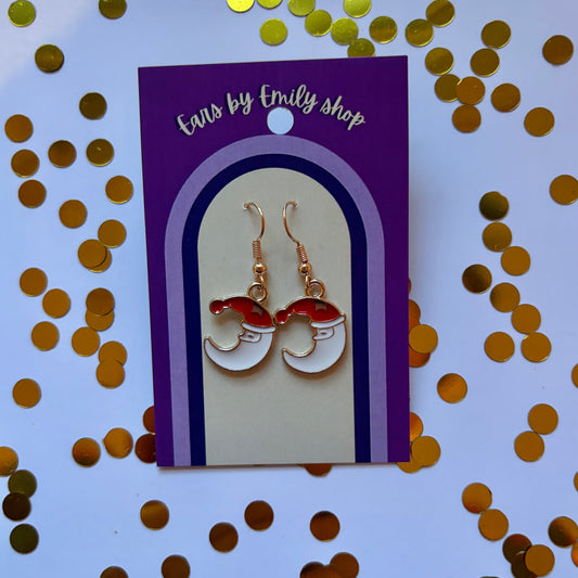 Gold cartoon Santa moon face dangle Christmas earrings