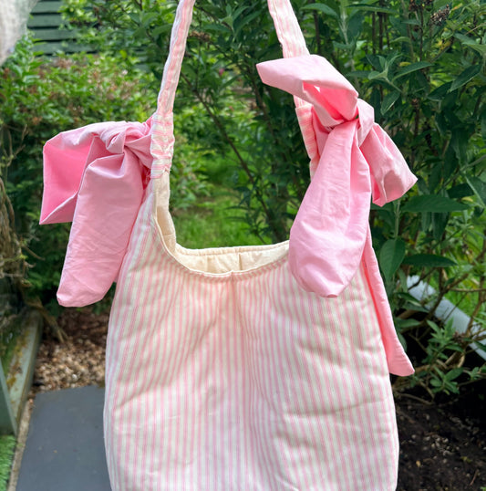 COMING SOON... Handmade white and pink stripe coquette padded tote bag with bows