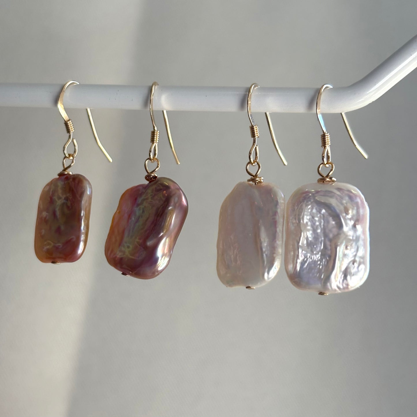Large nucleated rectangular freshwater pearl sterling silver or 14k gold filled earrings and necklace