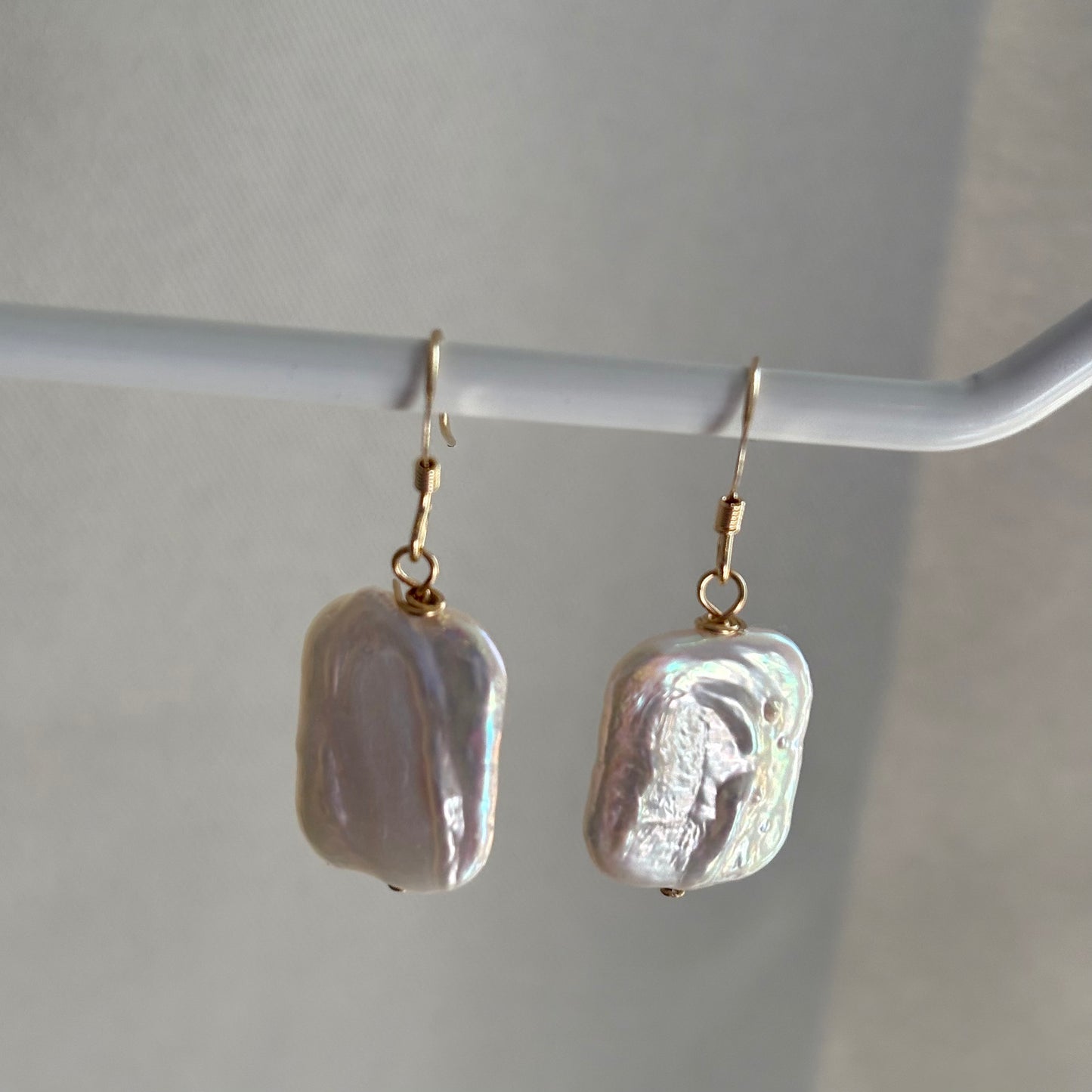 Large nucleated rectangular freshwater pearl sterling silver or 14k gold filled earrings and necklace