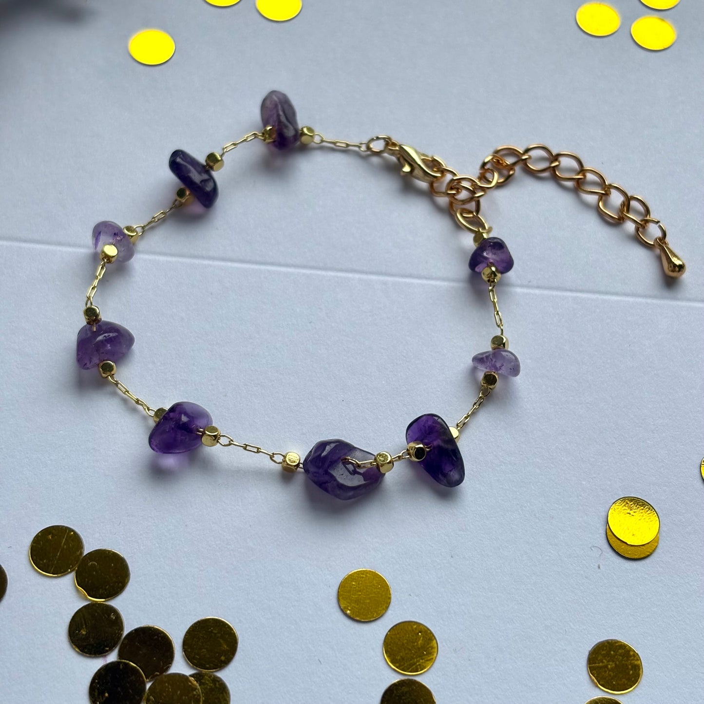 Gold plated purple amethyst bracelet crystal with extender chain
