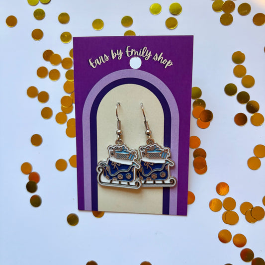 Silver and blue cartoon winter sleigh dangle Christmas earrings