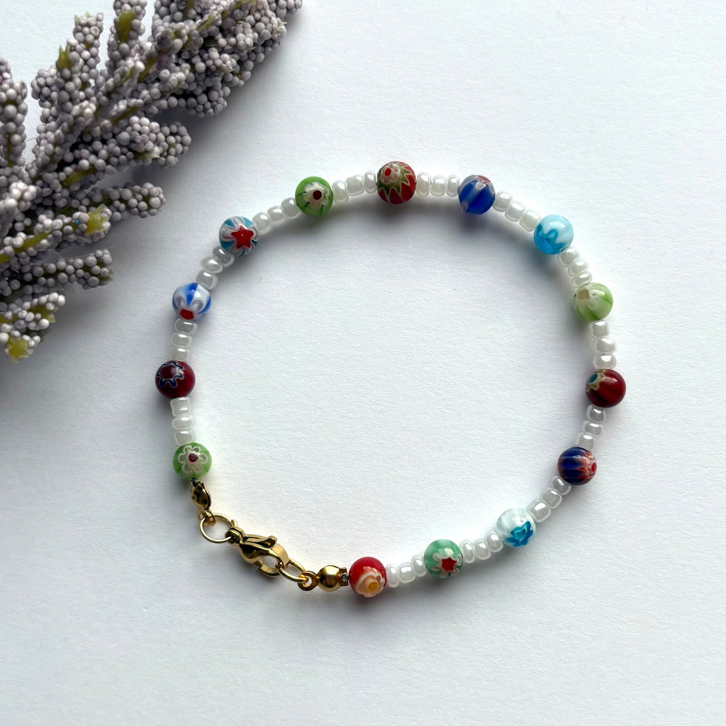 Cloud meadow bracelet - white and colourful millefiori handmade beaded