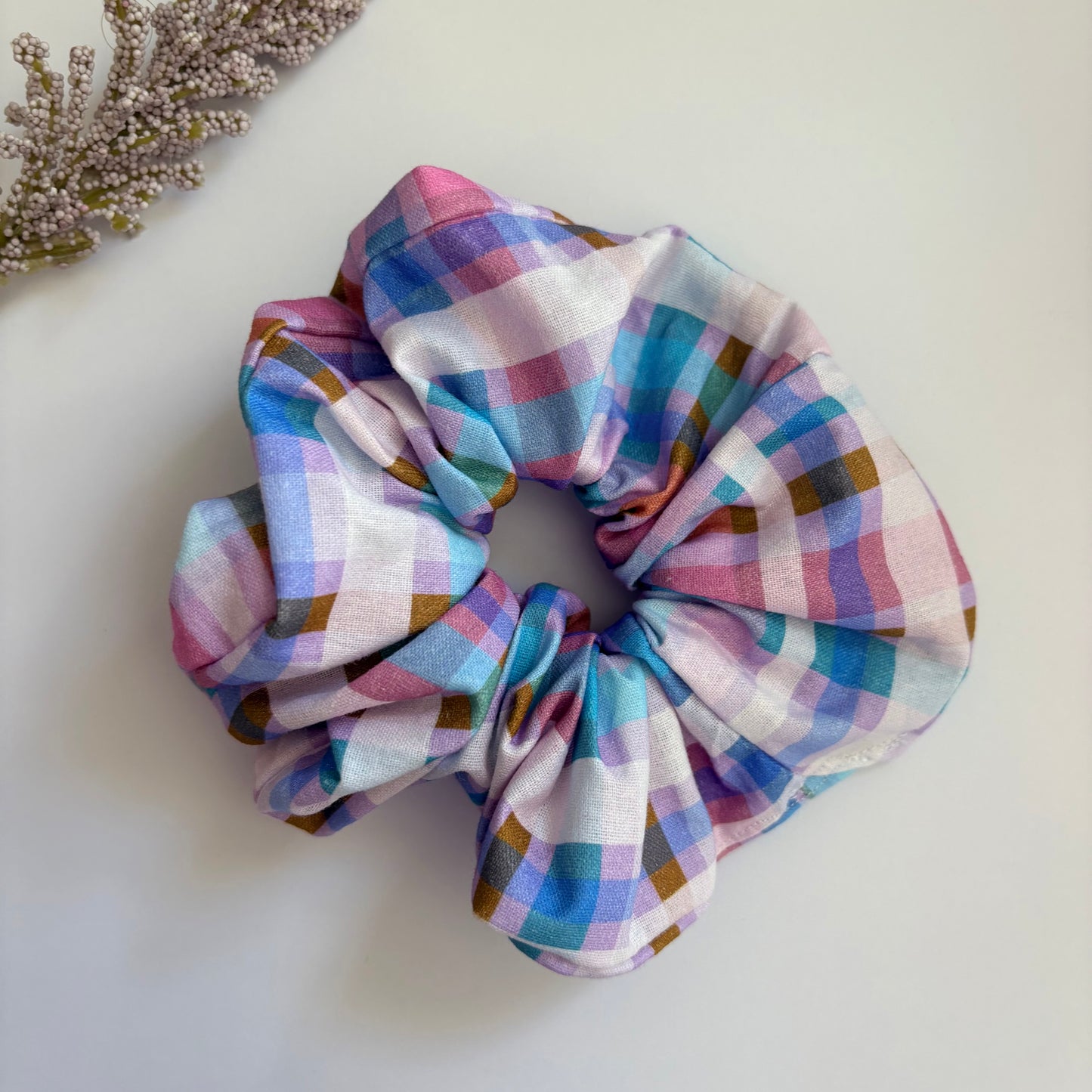 Cool gingham check purple, pink and blue large hair scrunchie