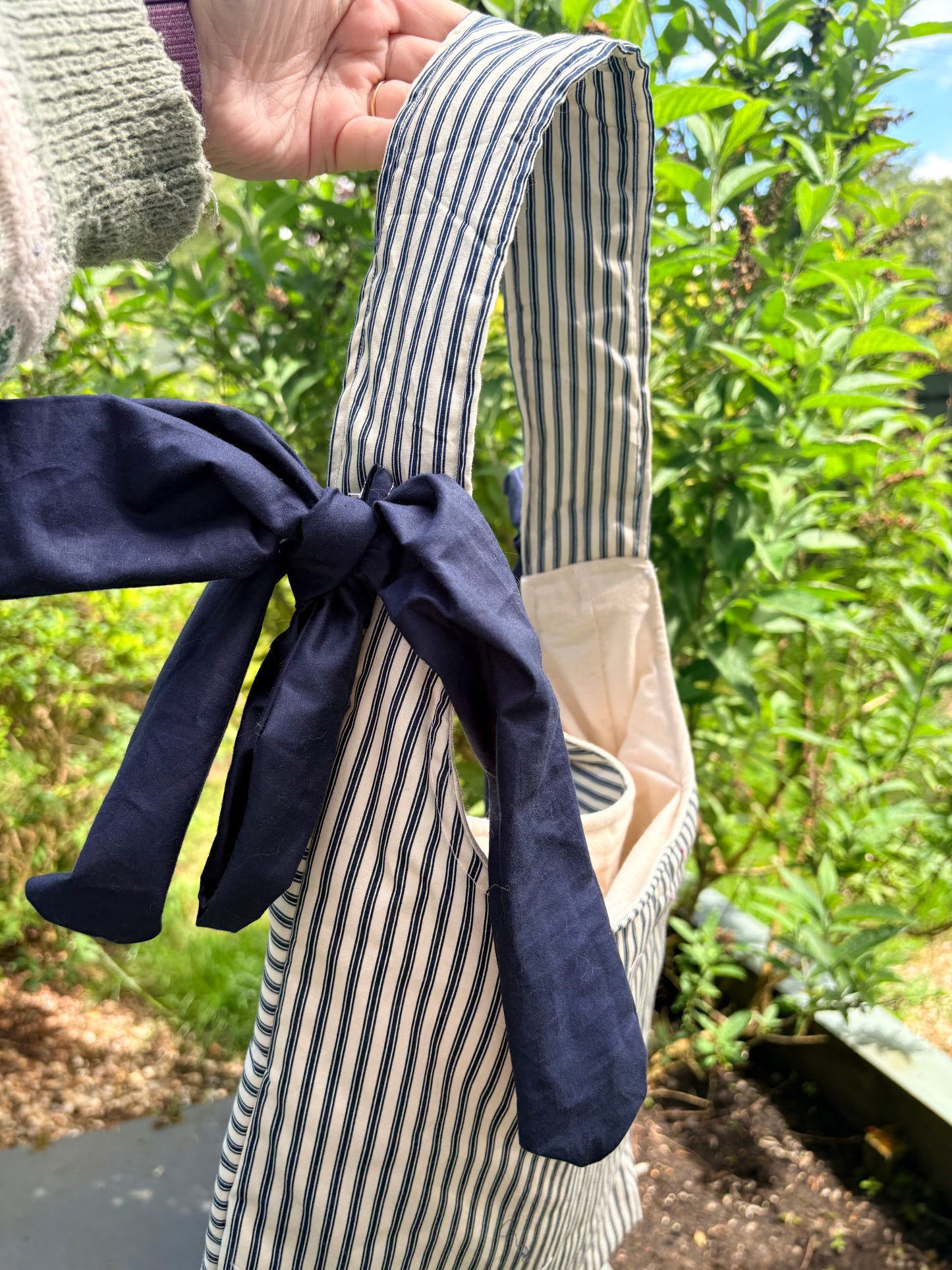 COMING SOON... Handmade white and navy blue stripe coquette padded tote bag with bows