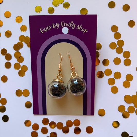 Black ball bead sparkle bauble Christmas dangle earrings gold plated