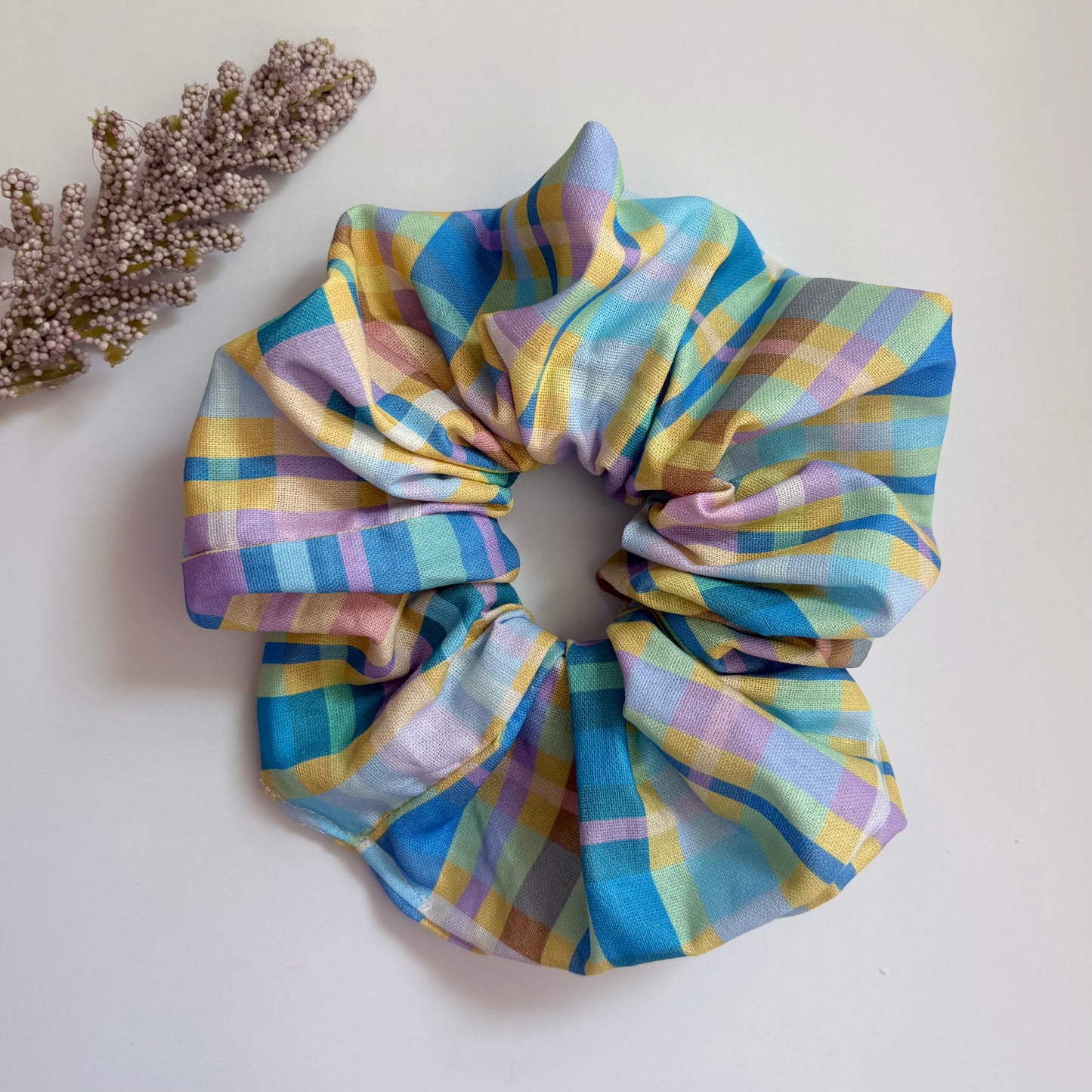 Cool gingham check blue, yellow and purple large hair scrunchie