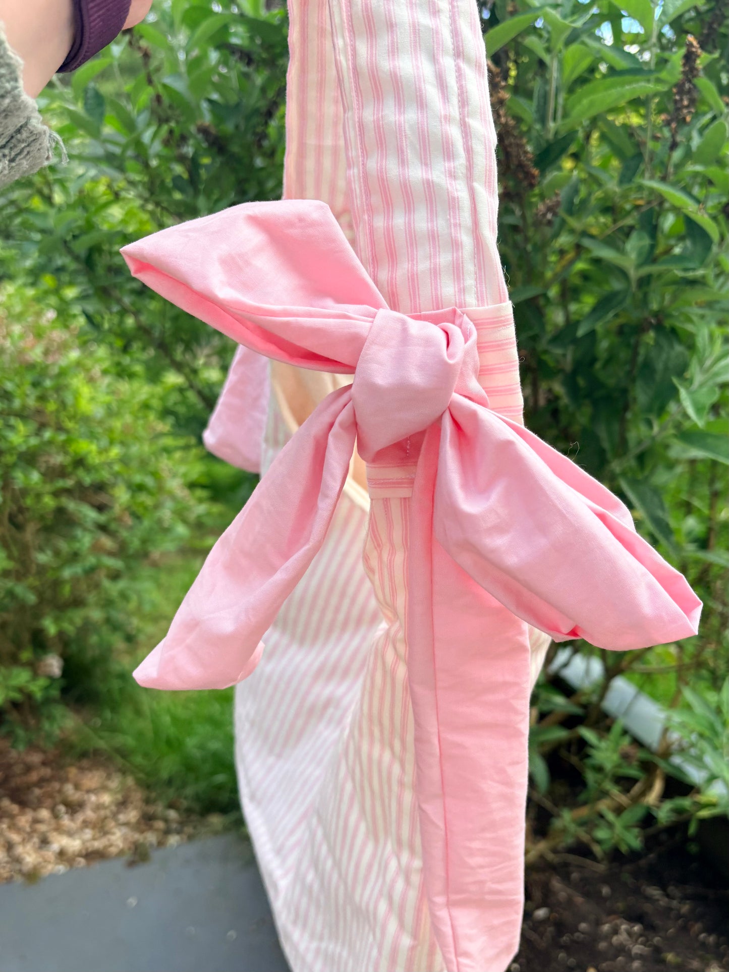 COMING SOON... Handmade white and pink stripe coquette padded tote bag with bows