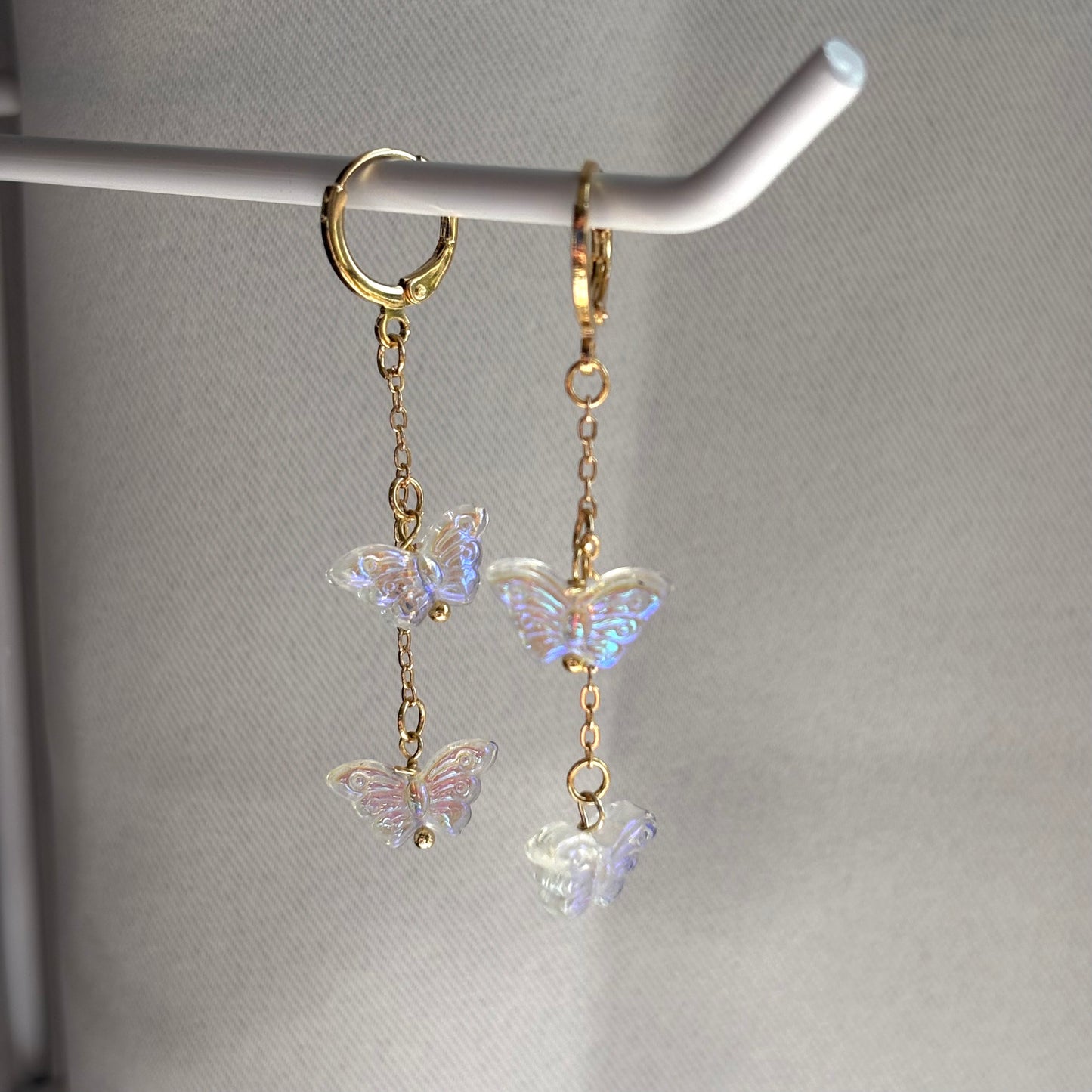 18k Gold plated chain huggie hoop earrings with clear iridescent butterflies