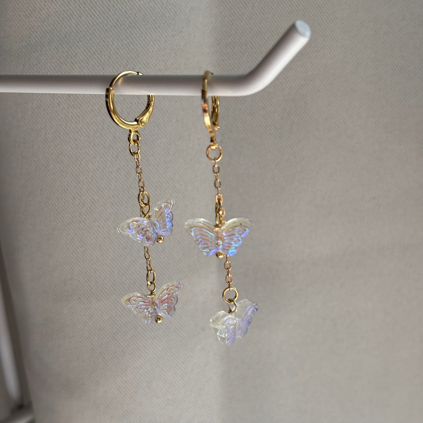 18k Gold plated chain huggie hoop earrings with clear iridescent butterflies