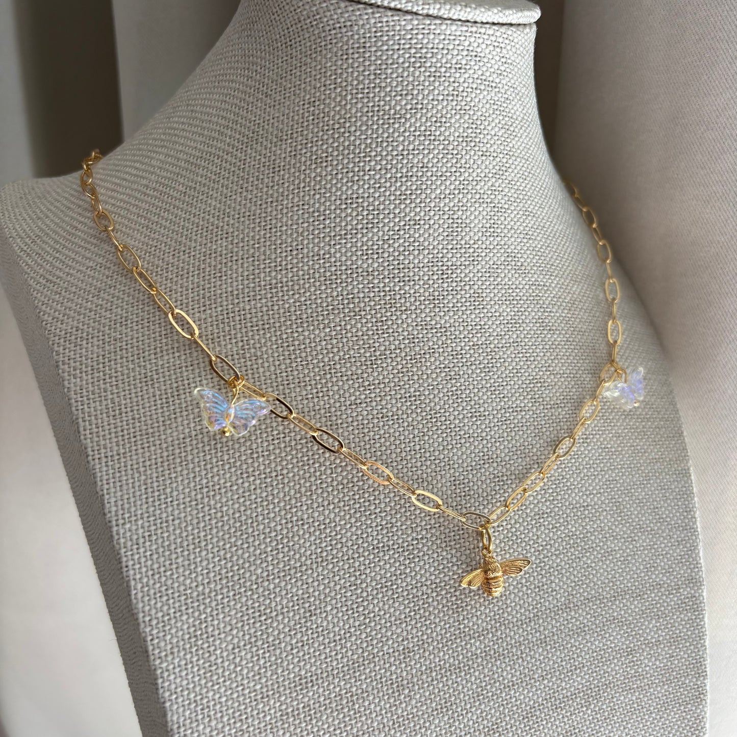 18k gold plated paperclip charm necklace with gold bee and butterflies necklace