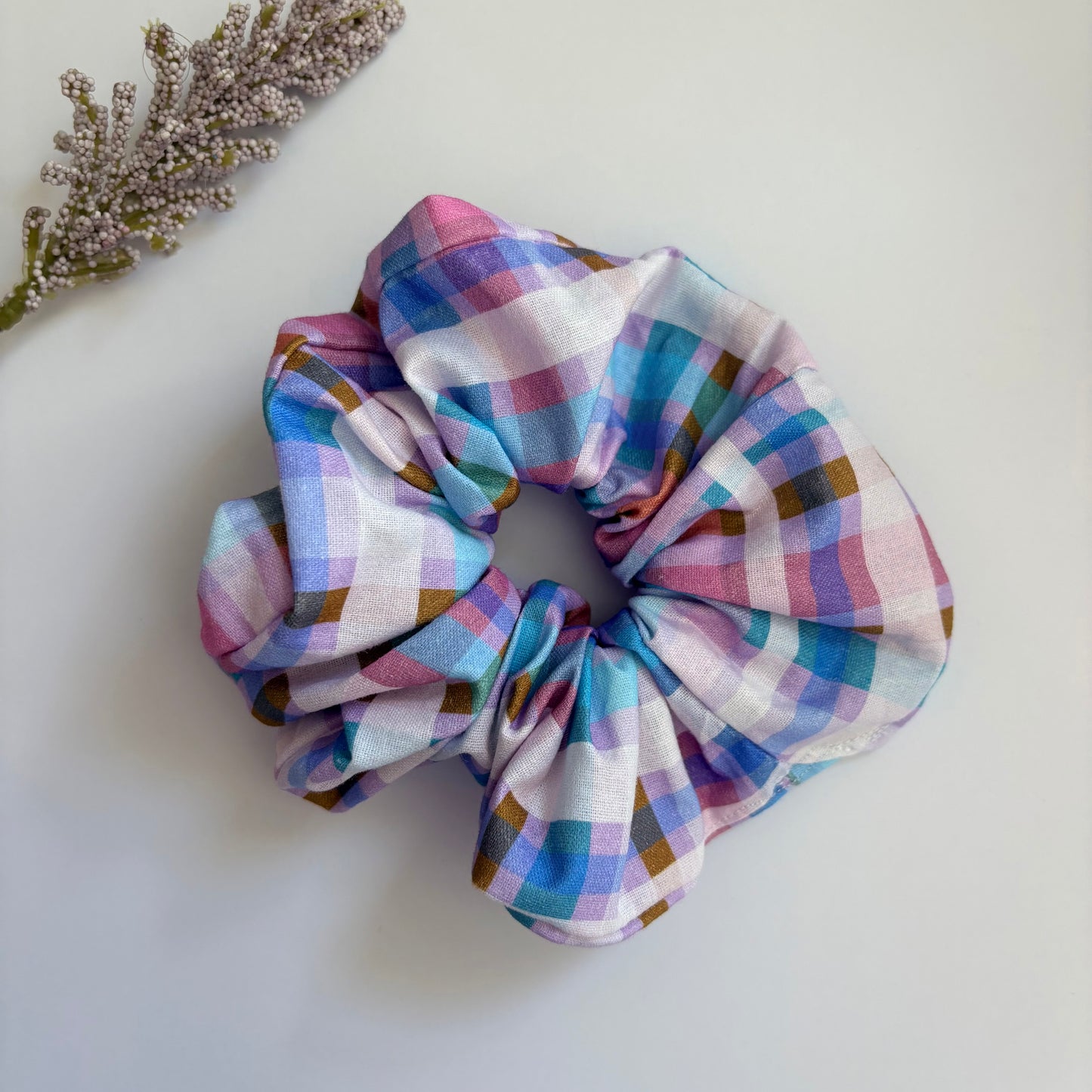 Cool gingham check purple, pink and blue large hair scrunchie