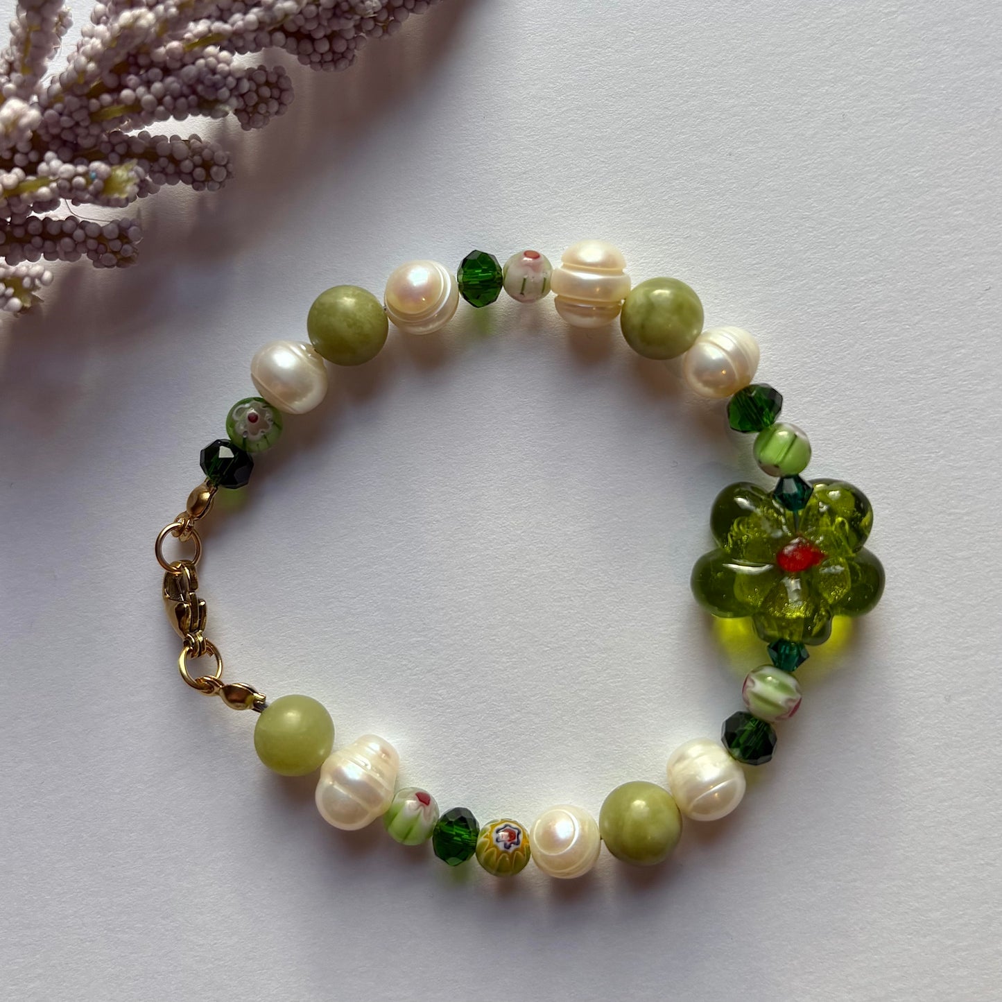 Pearl Meadow bracelet - green jade crystal and freshwater pearl flower