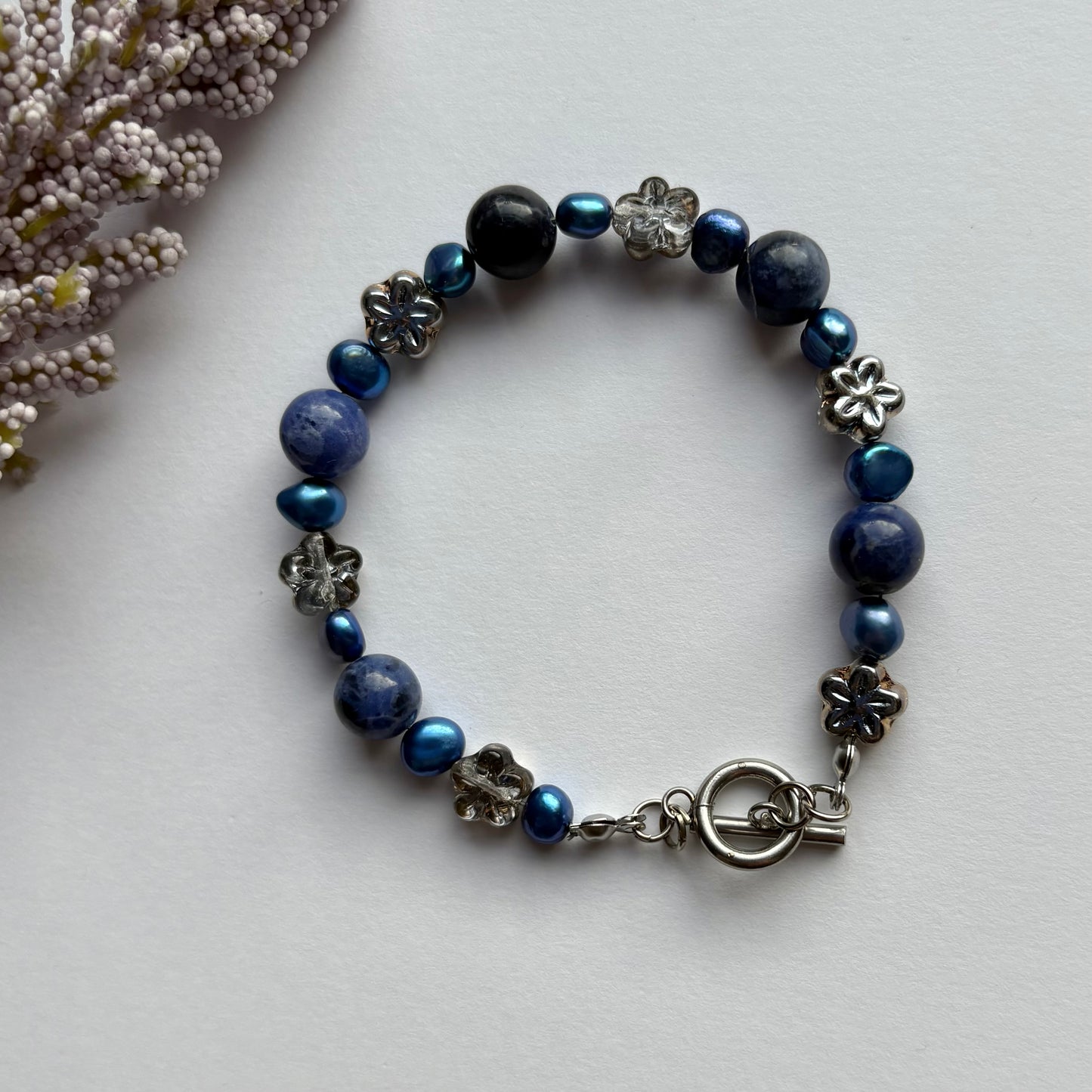 Midnight Bloom Bracelet - blue sodalite and blue pearls with flowers