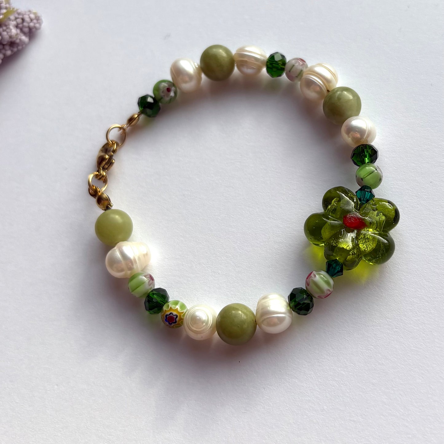 Pearl Meadow bracelet - green jade crystal and freshwater pearl flower