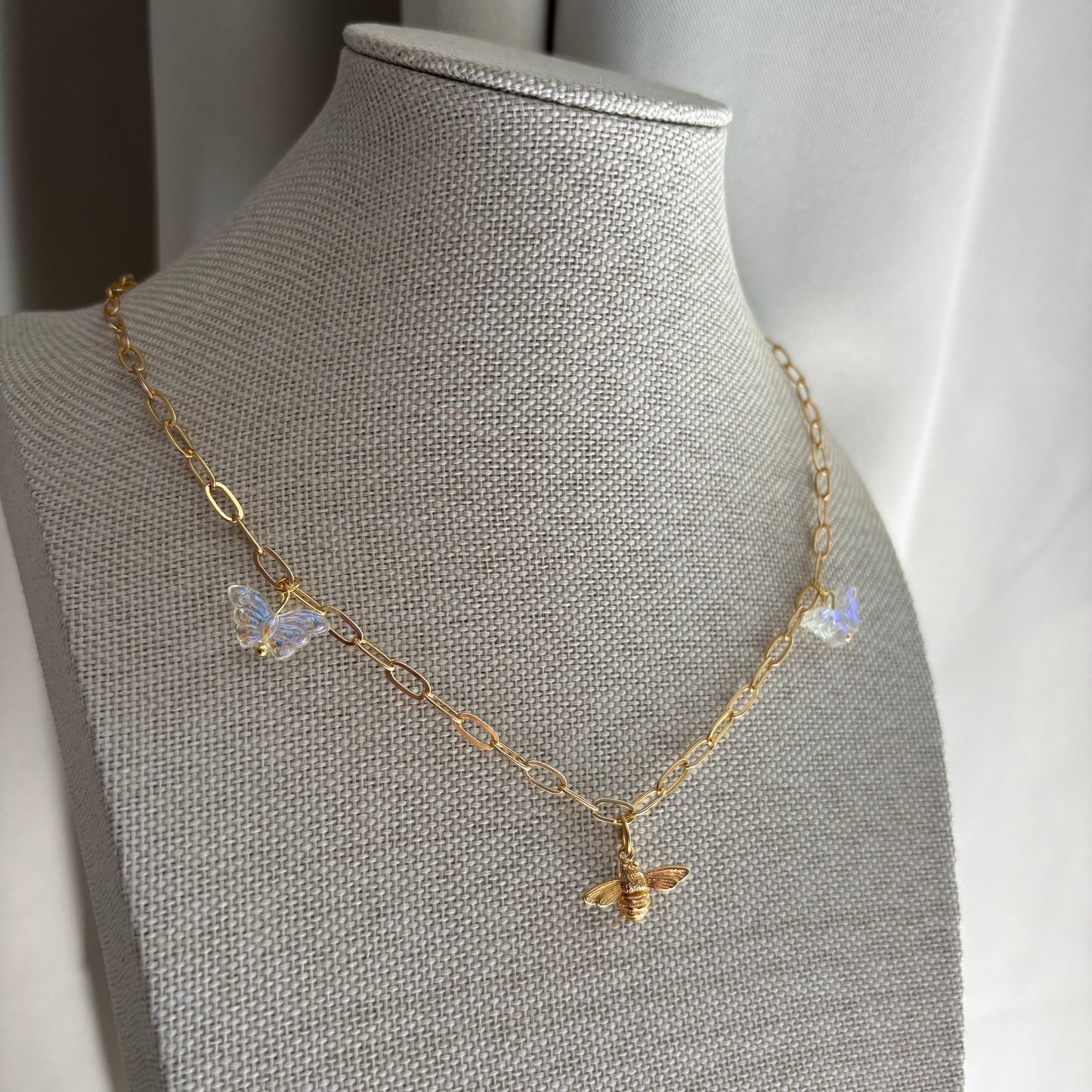 18k gold plated paperclip charm necklace with gold bee and butterflies necklace