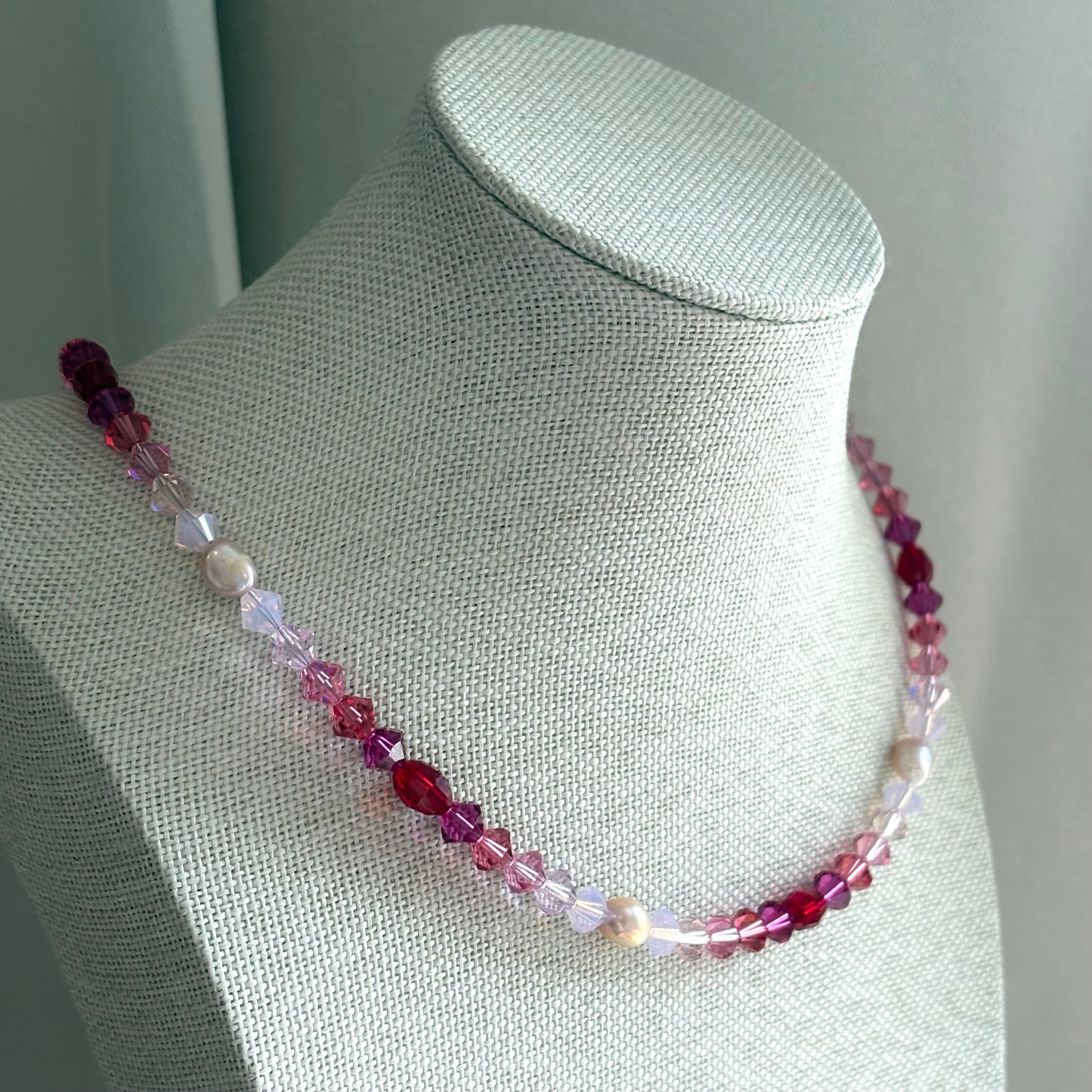 The lovers - pink pearl and crystal handmade beaded necklace