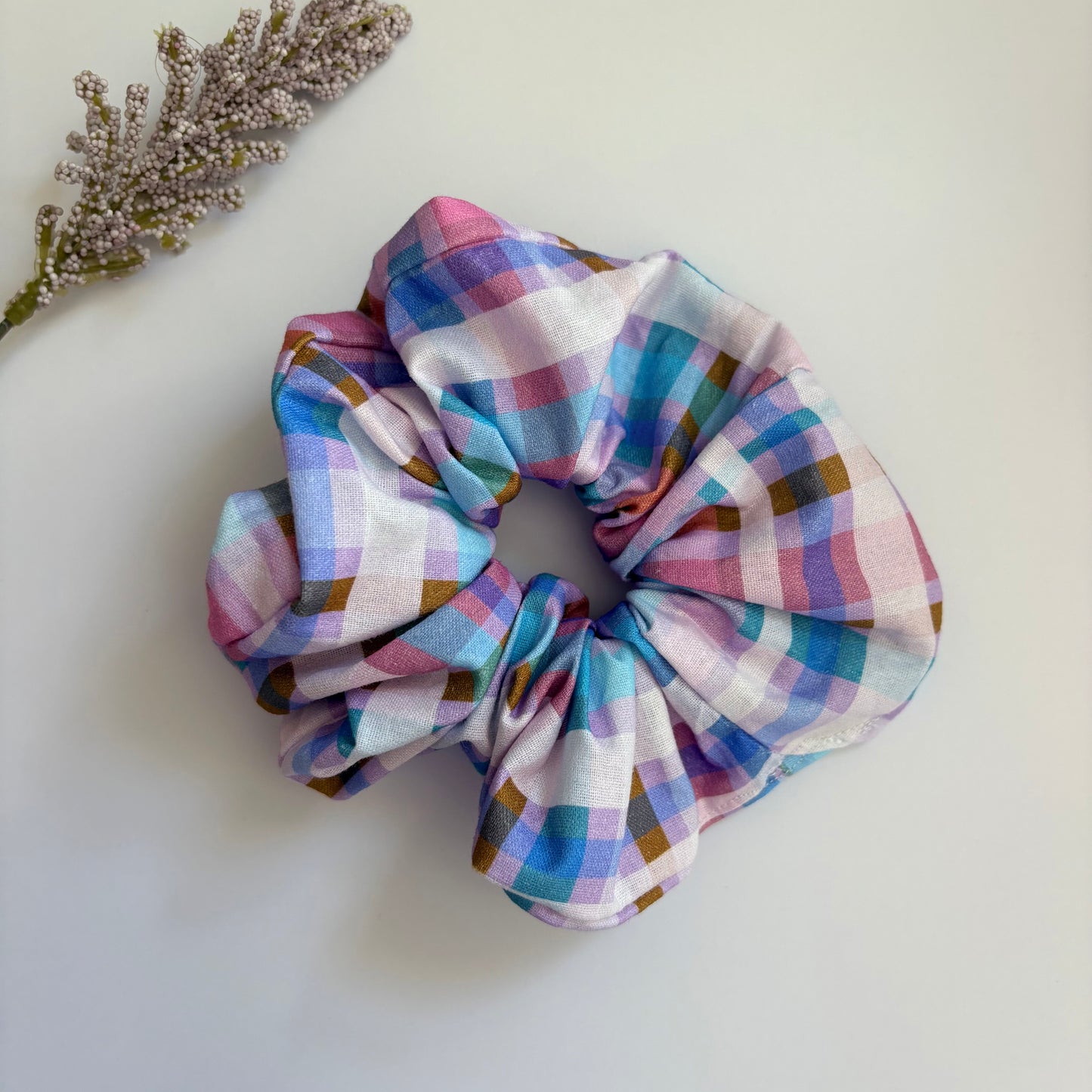 Cool gingham check purple, pink and blue large hair scrunchie