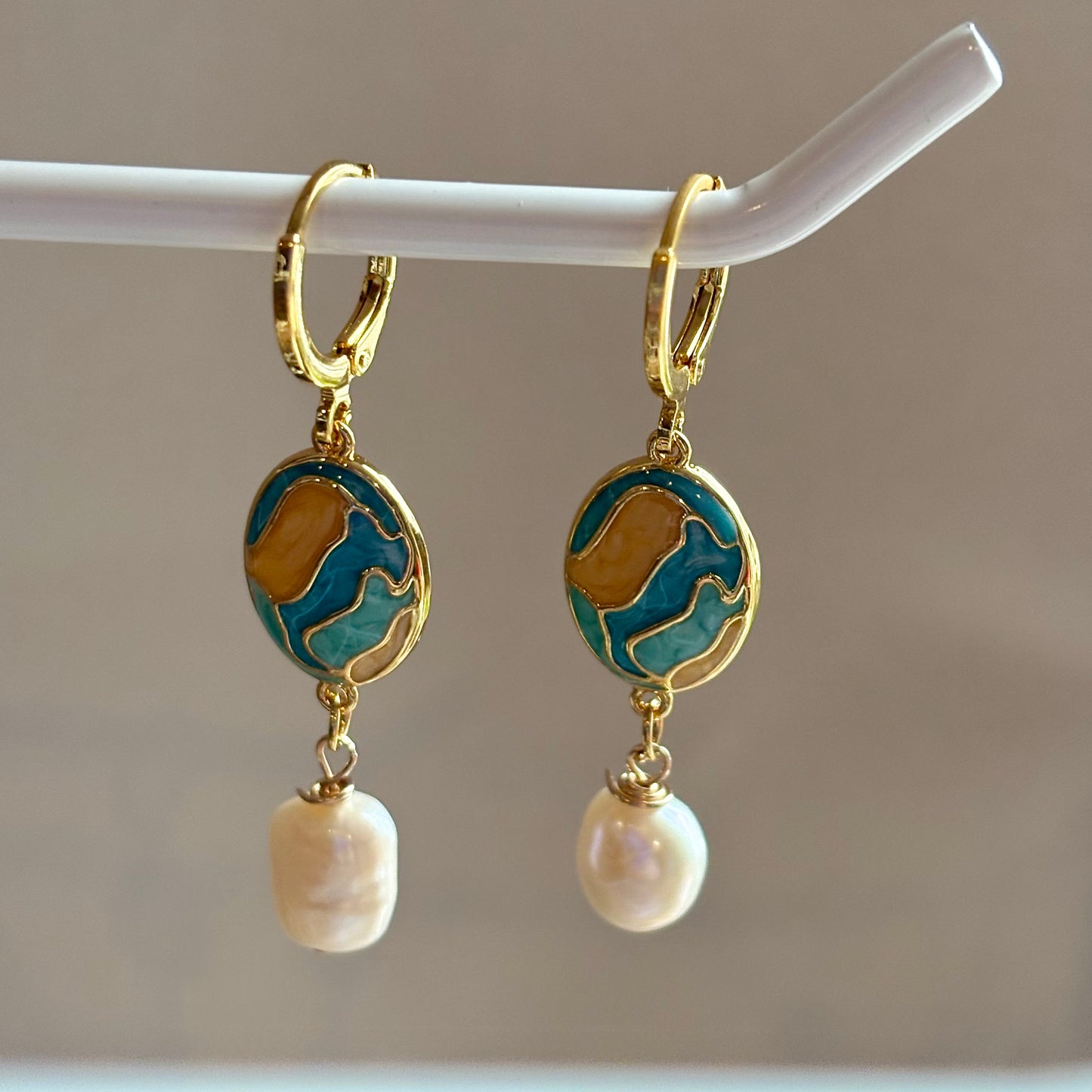 Blue and cream enamel oval and freshwater pearl gold plated hoop earrings