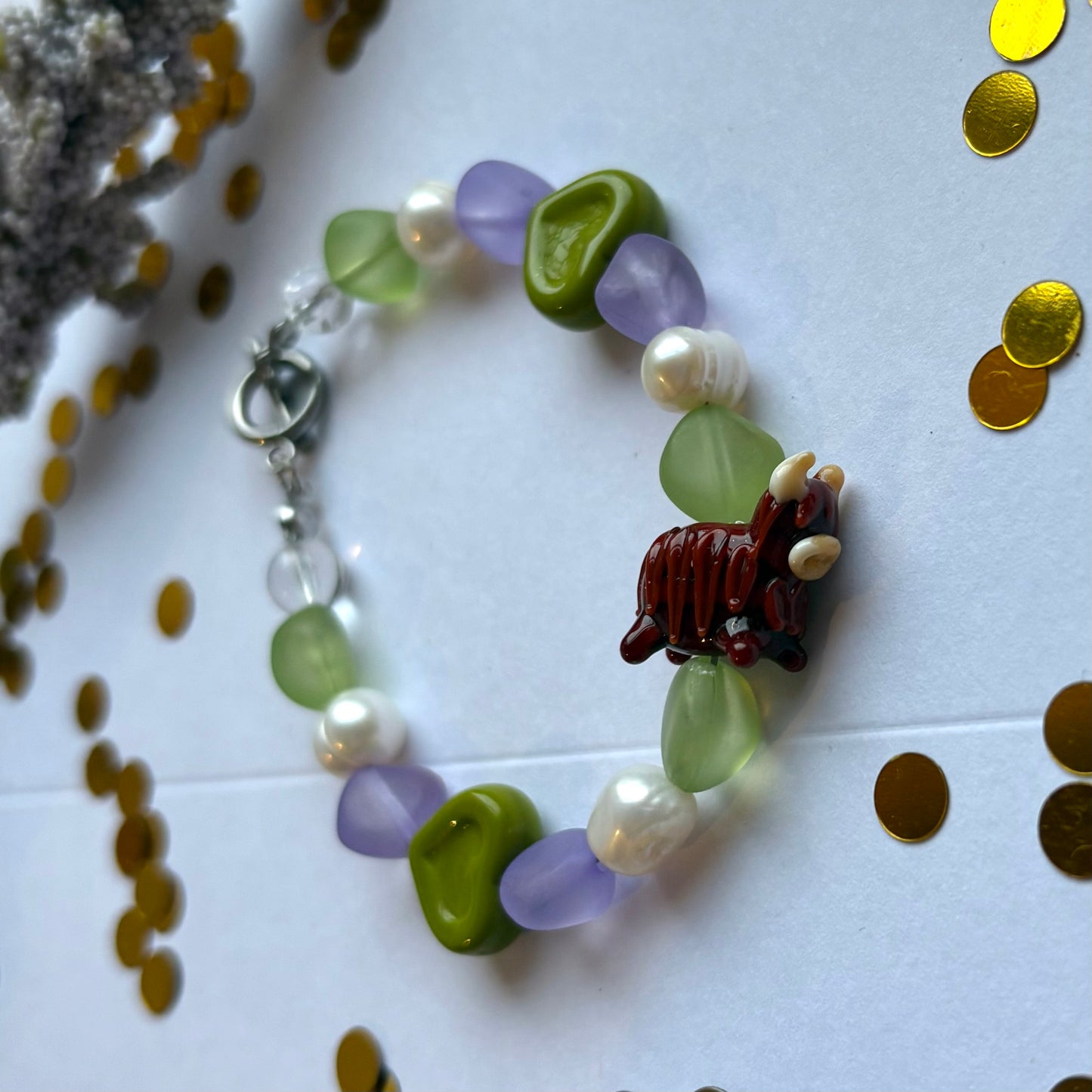 Handmade green and purple highland cow freshwater pearl bracelet