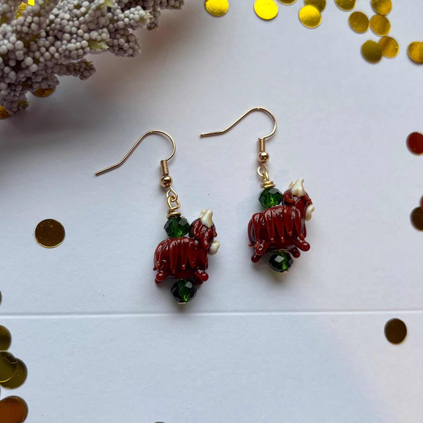 Green crystal highland cow earrings