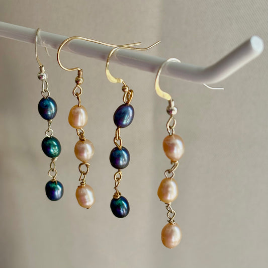 Sterling silver or gold filled fresh water pearl trio dangle earrings