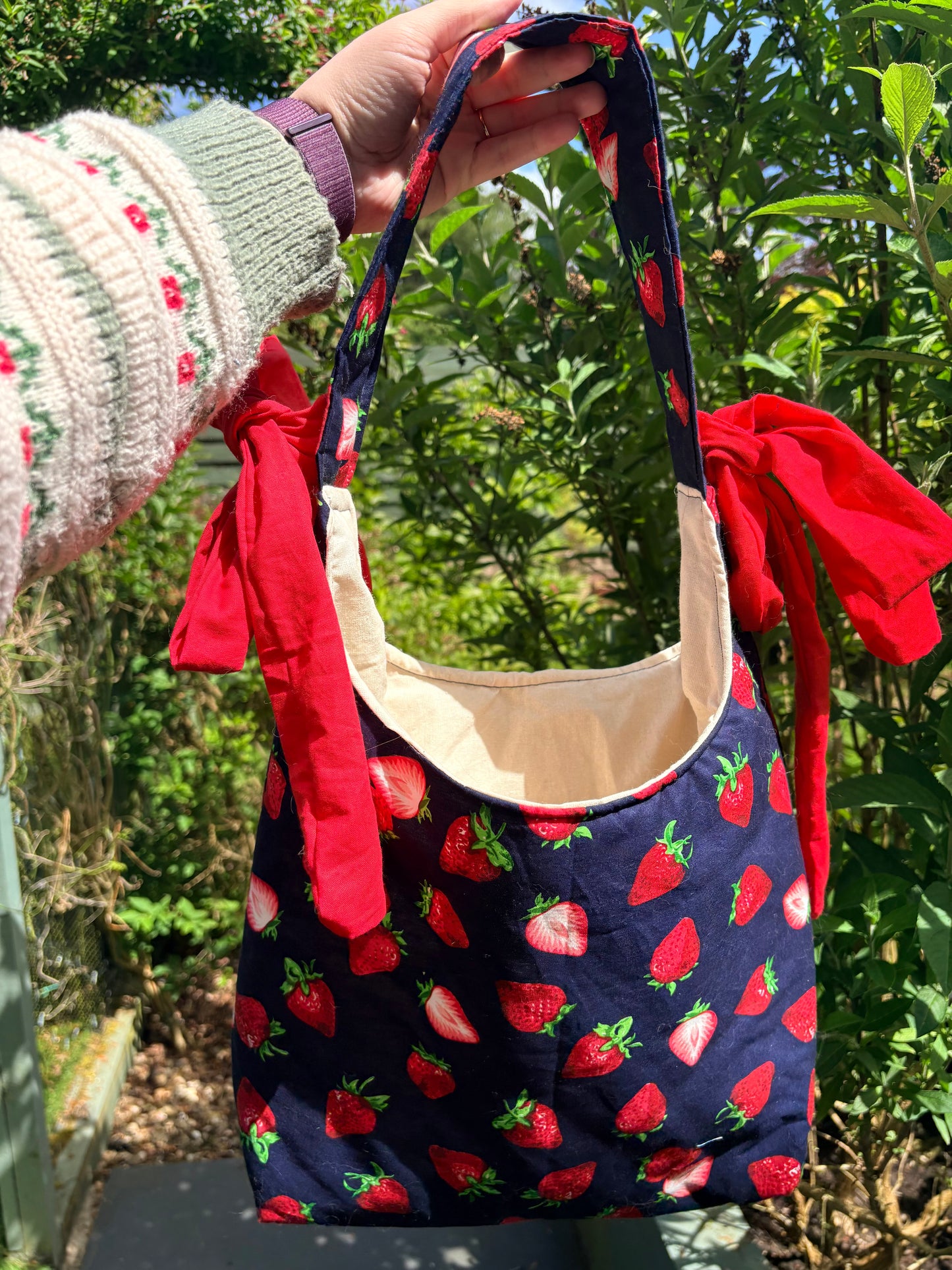 COMING SOON... Handmade navy blue red strawberry coquette padded tote bag with bows