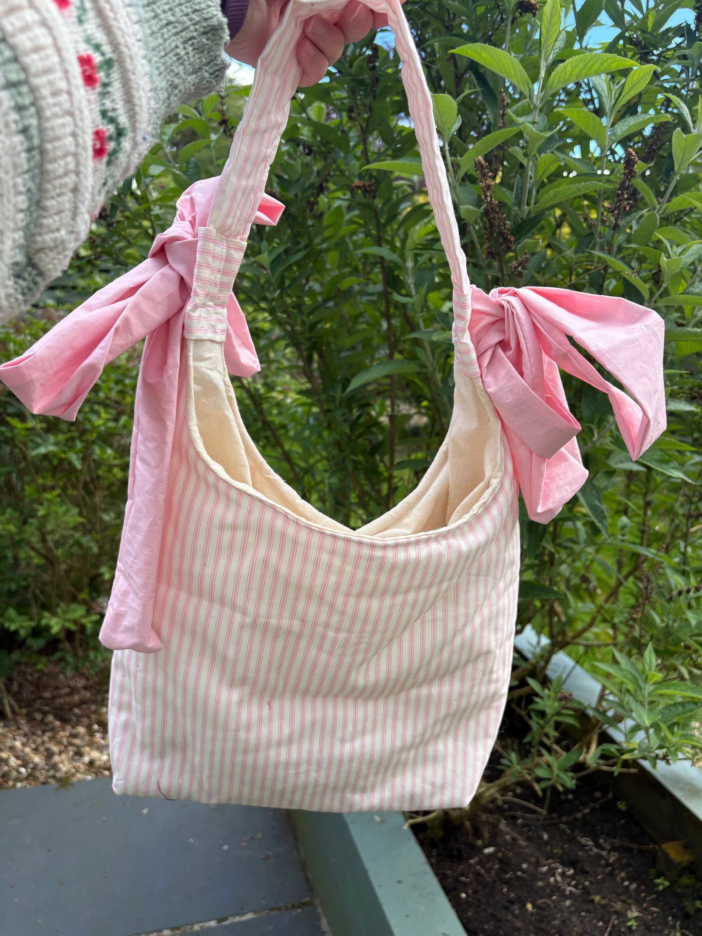 COMING SOON... Handmade white and pink stripe coquette padded tote bag with bows