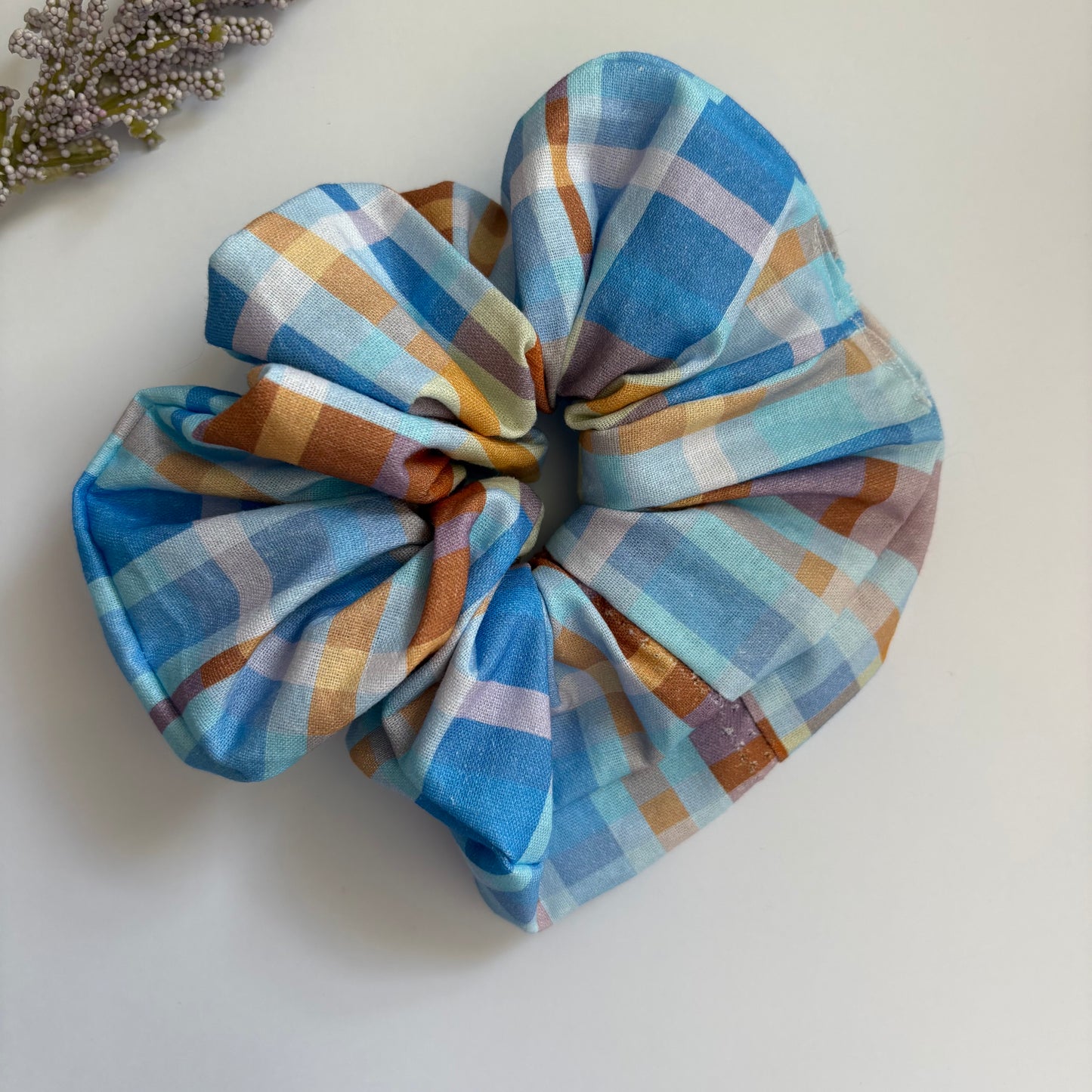 Cool gingham check blue and brown large hair scrunchie