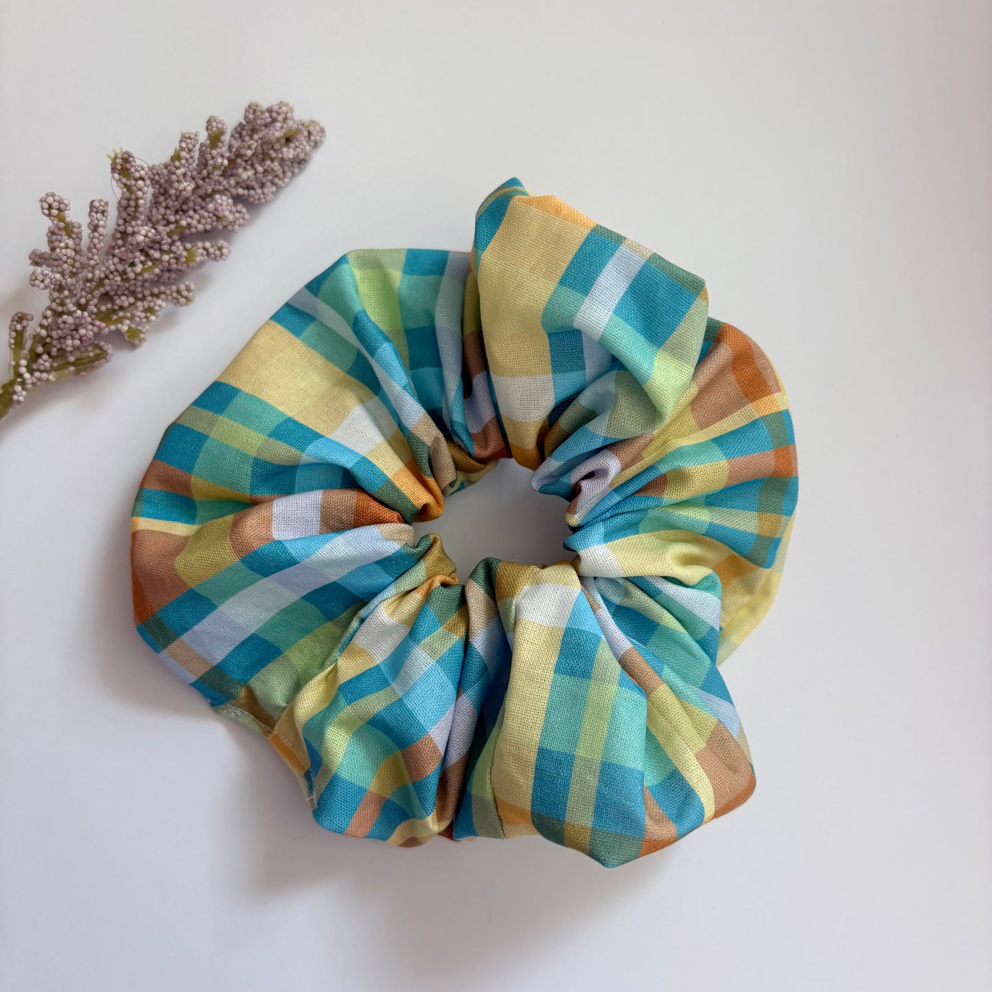 Cool gingham check green, yellow and brown large hair scrunchie