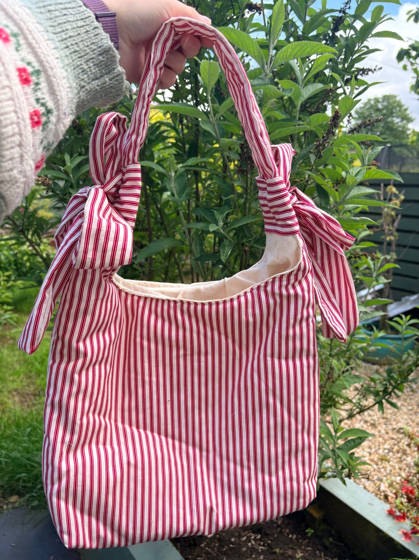 COMING SOON... Handmade white and red stripe coquette padded tote bag with bows