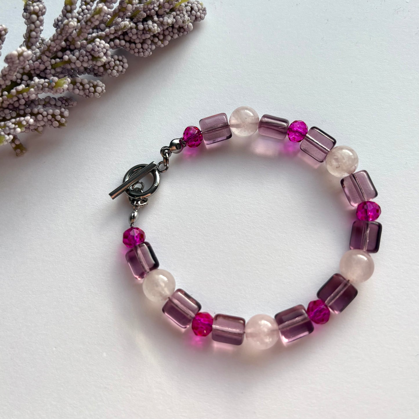 The blush bracelet - rose quartz crystals with glass charms handmade beaded