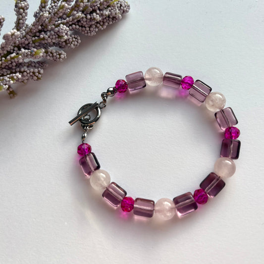 The blush bracelet - rose quartz crystals with glass charms handmade beaded
