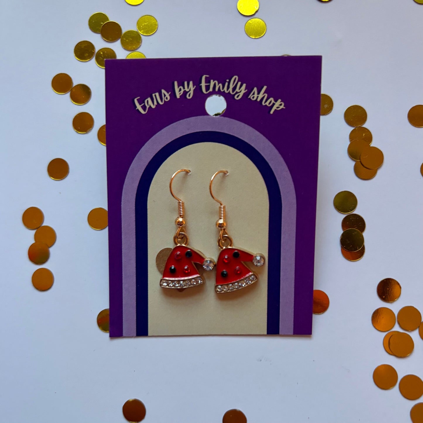 Gold cartoon santa hat sparkly diamanté dangle Christmas earrings