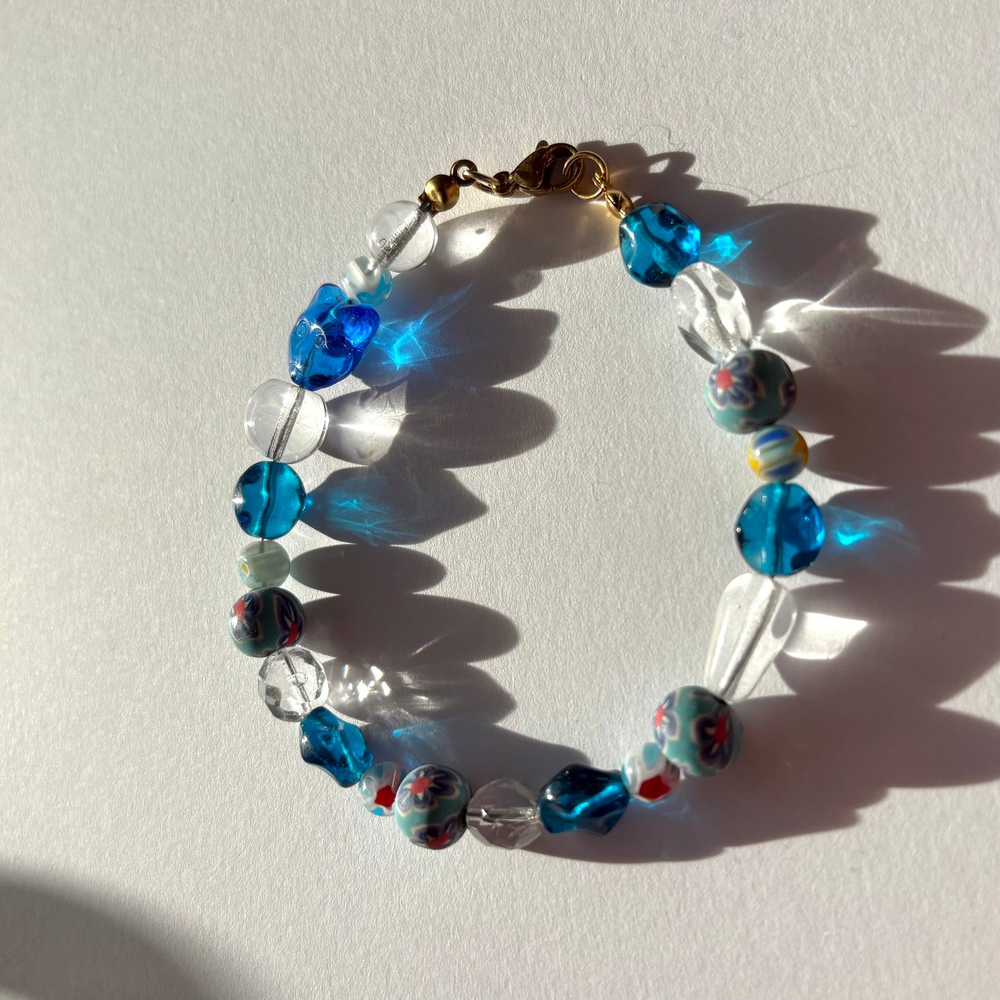 Sky cat bracelet - Cool beaded blue glass cat floral bracelet